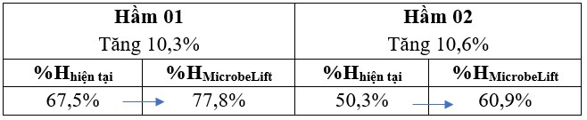 Hiệu suất xử lý COD hầm 01 đạt 77,8% tăng 10,3%; hầm 02 đạt 60,7% tăng 10,6%. 