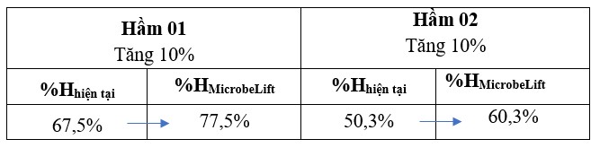 Hiệu suất xử lý COD hầm 01 đạt 77,8% tăng 10,3%; hầm 02 đạt 60,7% tăng 10,6%. 