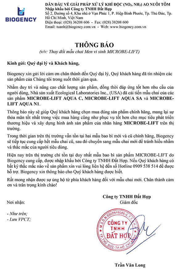 Thông báo Thay đổi mẫu chai Men vi sinh MICROBE-LIFT