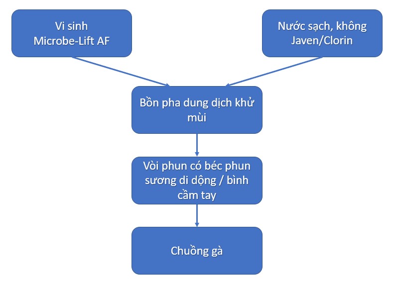 Sơ đồ hướng dẫn sử dụng men vi sinh Microbe-Lift AF khử mùi hôi chuồng gà.