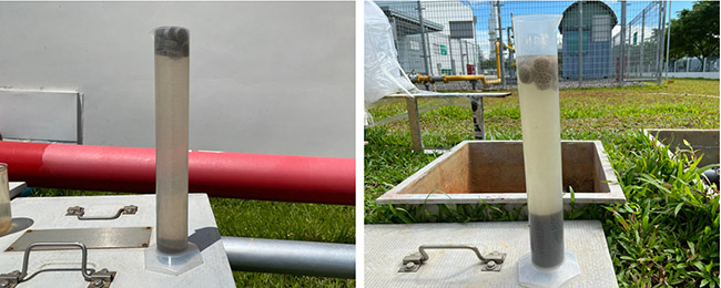 Hình ảnh đo SV30 trước (bên trái) và sau (bên phải) khi sử dụng vi sinh Microbe-Lift sau 02 tuần đầu tiên, bùn sinh ra nhiều hơn, lắng nhanh, nước trong.