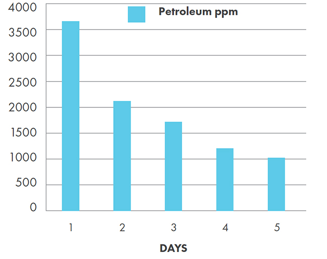 Biểu đồ cho thấy kết quả của quá trình xử lý ô nhiễm Hydrocacbon thử nghiệm với nồng độ dầu mỏ ban đầu từ 35 - 40.000 ppm của Hydrocacbon C10 đến C40 được giảm 71% trong một tuần.