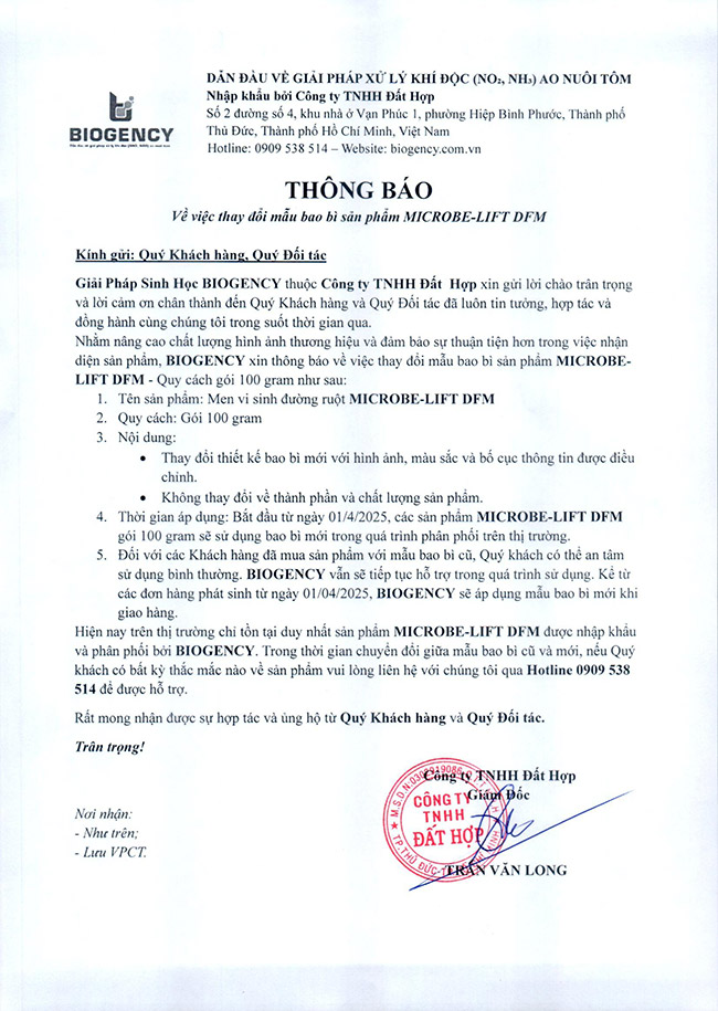 [THÔNG BÁO] Thay đổi bao bì Men vi sinh đường ruột Microbe-Lift DFM